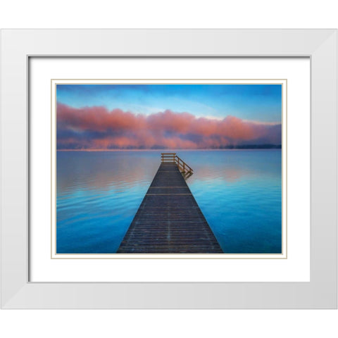 Boat ramp and fog bench, Bavaria, Germany White Modern Wood Framed Art Print with Double Matting by Krahmer, Frank