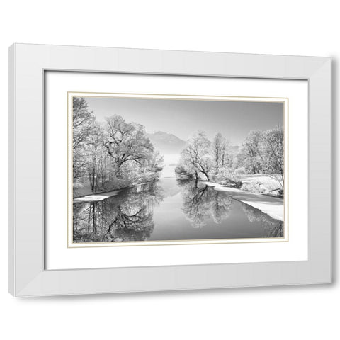 Winter landscape at Loisach, Germany (BW) White Modern Wood Framed Art Print with Double Matting by Frank, Krahmer