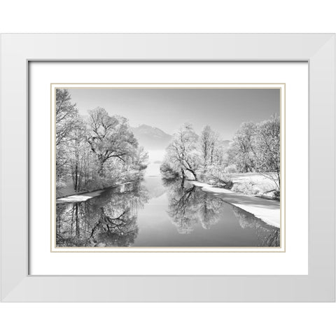 Winter landscape at Loisach, Germany (BW) White Modern Wood Framed Art Print with Double Matting by Frank, Krahmer