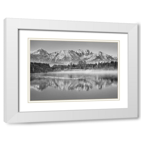Allgaeu Alps and Hopfensee lake, Bavaria, Germany (BW) White Modern Wood Framed Art Print with Double Matting by Frank, Krahmer