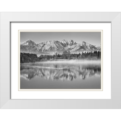 Allgaeu Alps and Hopfensee lake, Bavaria, Germany (BW) White Modern Wood Framed Art Print with Double Matting by Frank, Krahmer