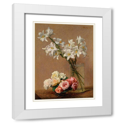 Roses and Lilies White Modern Wood Framed Art Print with Double Matting by Fantin-Latour, Henri
