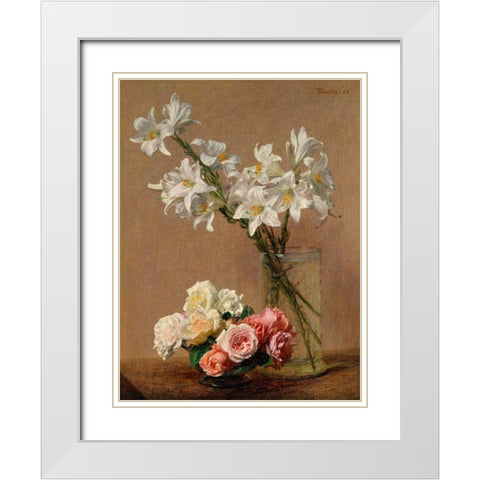 Roses and Lilies White Modern Wood Framed Art Print with Double Matting by Fantin-Latour, Henri