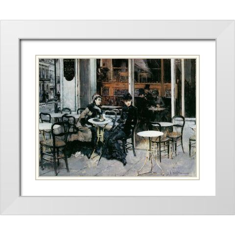 Conversazione al caffe Parigi White Modern Wood Framed Art Print with Double Matting by Boldini, Giovanni
