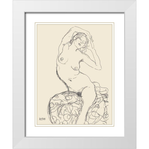 Seated Nude Woman White Modern Wood Framed Art Print with Double Matting by Klimt, Gustav