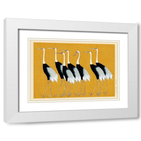 Flock of Japanese red crown cranes White Modern Wood Framed Art Print with Double Matting by Korin, Ogata