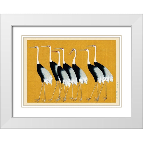 Flock of Japanese red crown cranes White Modern Wood Framed Art Print with Double Matting by Korin, Ogata