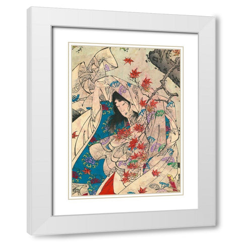 Maple leaf gathering White Modern Wood Framed Art Print with Double Matting by Yoshitoshi, Tsukioka