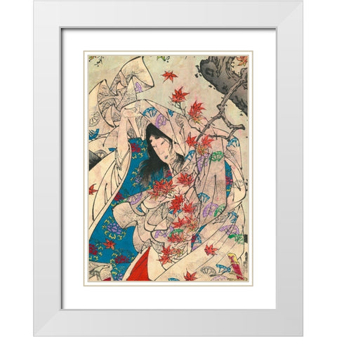 Maple leaf gathering White Modern Wood Framed Art Print with Double Matting by Yoshitoshi, Tsukioka