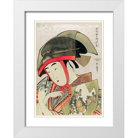 Woman holding a fan wearing a traditional transparent hat White Modern Wood Framed Art Print with Double Matting by Kitagawa, Utamaro