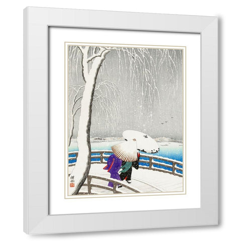 Two women in the snow on Yanagi Bridge White Modern Wood Framed Art Print with Double Matting by Koson, Ohara
