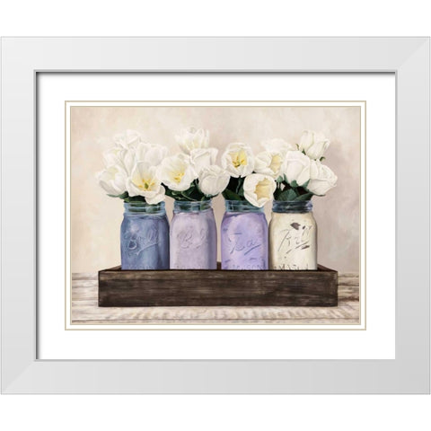 Tulips in Mason Jars White Modern Wood Framed Art Print with Double Matting by Thomlinson, Jenny