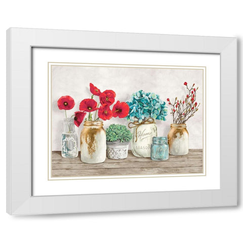 Floral composition with Mason Jars White Modern Wood Framed Art Print with Double Matting by Jenny, Thomlinson