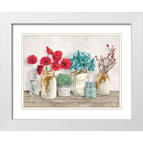 Floral composition with Mason Jars White Modern Wood Framed Art Print with Double Matting by Jenny, Thomlinson