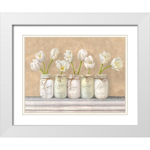 White Tulips in Mason Jars White Modern Wood Framed Art Print with Double Matting by Jenny, Thomlinson