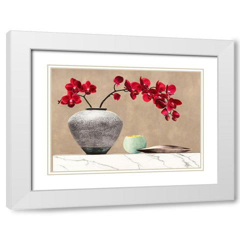 Red Orchids on White Marble (detail) White Modern Wood Framed Art Print with Double Matting by Thomlinson, Jenny