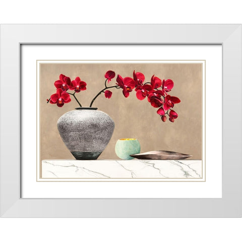 Red Orchids on White Marble (detail) White Modern Wood Framed Art Print with Double Matting by Thomlinson, Jenny