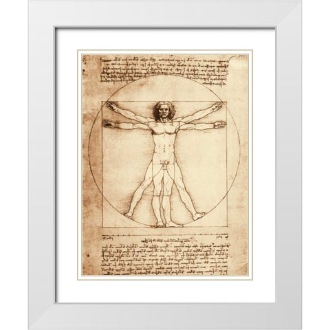 Vitruvian Man White Modern Wood Framed Art Print with Double Matting by da Vinci, Leonardo