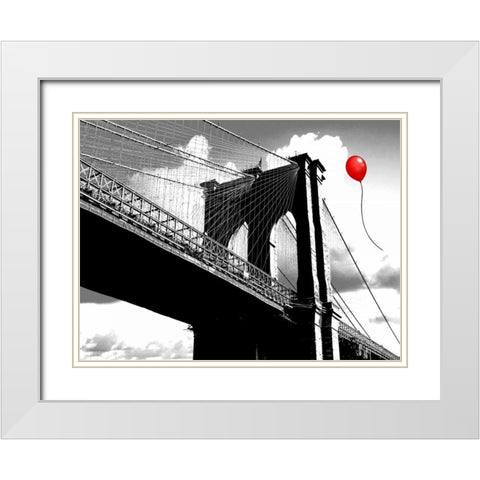 Balloon over Brooklyn Bridge White Modern Wood Framed Art Print with Double Matting by Masterfunk collective