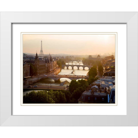 Bridges over the Seine river, Paris White Modern Wood Framed Art Print with Double Matting by Setboun, Michel