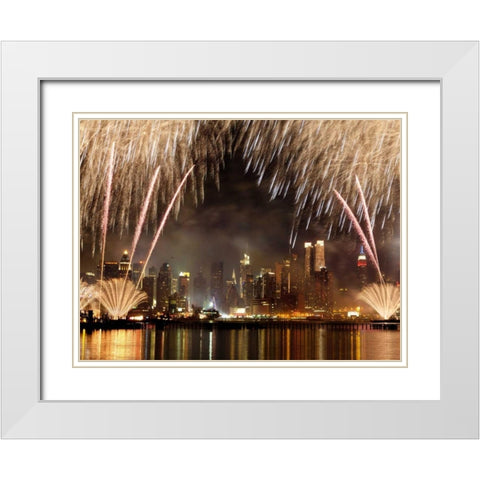 Fireworks on Manhattan, NYC White Modern Wood Framed Art Print with Double Matting by Setboun, Michel