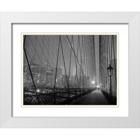 On Brooklyn Bridge by night, NYC White Modern Wood Framed Art Print with Double Matting by Setboun, Michel