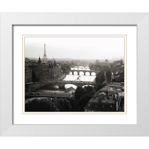 Bridges over the Seine river, Paris White Modern Wood Framed Art Print with Double Matting by Setboun, Michel