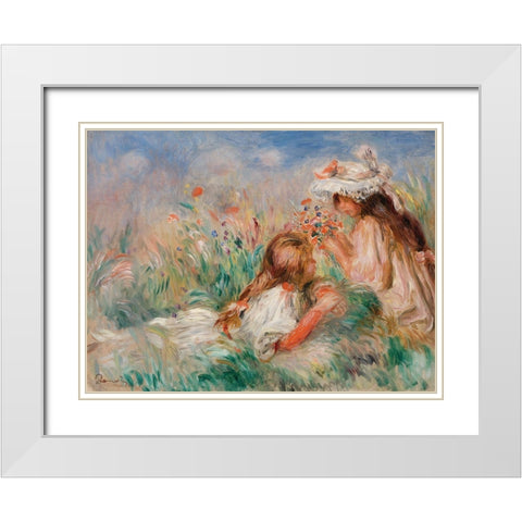 Girls in the Grass Arranging a Bouquet White Modern Wood Framed Art Print with Double Matting by Renoir, Pierre-Auguste