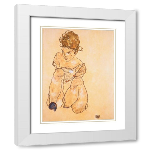 Seated Girl in Slip  White Modern Wood Framed Art Print with Double Matting by Schiele, Egon