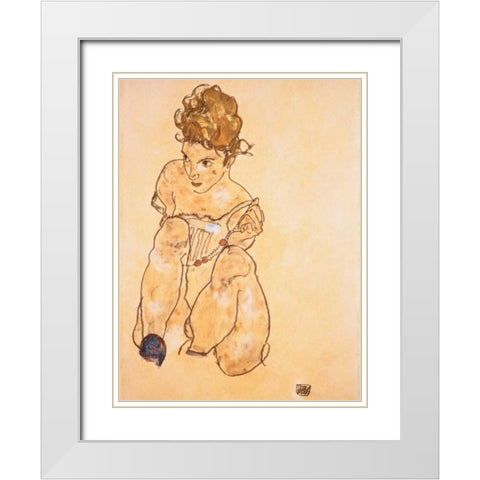Seated Girl in Slip  White Modern Wood Framed Art Print with Double Matting by Schiele, Egon