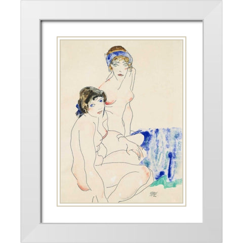 Two Female Nudes by the Water  White Modern Wood Framed Art Print with Double Matting by Schiele, Egon