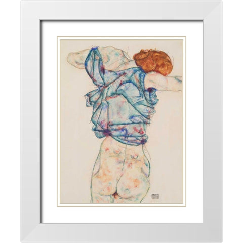 Woman Undressing White Modern Wood Framed Art Print with Double Matting by Schiele, Egon