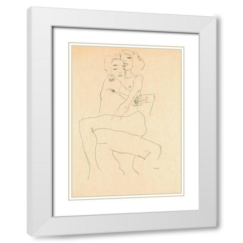 Couple Embracing White Modern Wood Framed Art Print with Double Matting by Schiele, Egon
