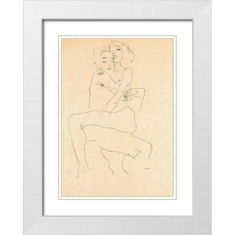 Couple Embracing White Modern Wood Framed Art Print with Double Matting by Schiele, Egon