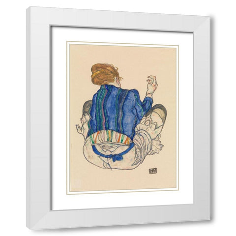 Seated Woman-Back View White Modern Wood Framed Art Print with Double Matting by Schiele, Egon