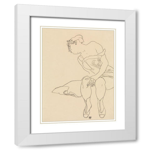 Seated Woman White Modern Wood Framed Art Print with Double Matting by Schiele, Egon