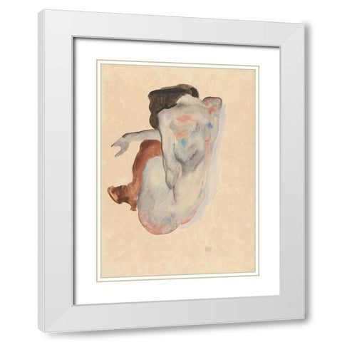 Crouching Nude in Shoes and Black Stockings-Back View White Modern Wood Framed Art Print with Double Matting by Schiele, Egon