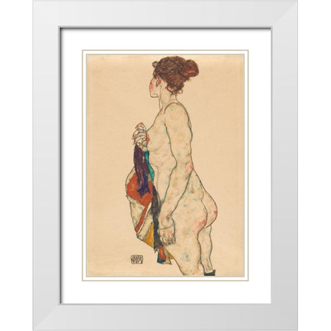 Standing Nude with a Patterned Robe White Modern Wood Framed Art Print with Double Matting by Schiele, Egon