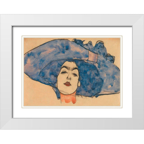 Eva Freund in Blue Hat White Modern Wood Framed Art Print with Double Matting by Schiele, Egon