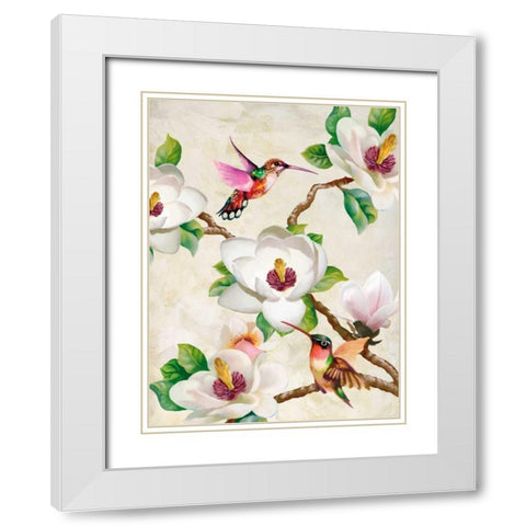 Magnolia and Humming Birds White Modern Wood Framed Art Print with Double Matting by Wang, Terry
