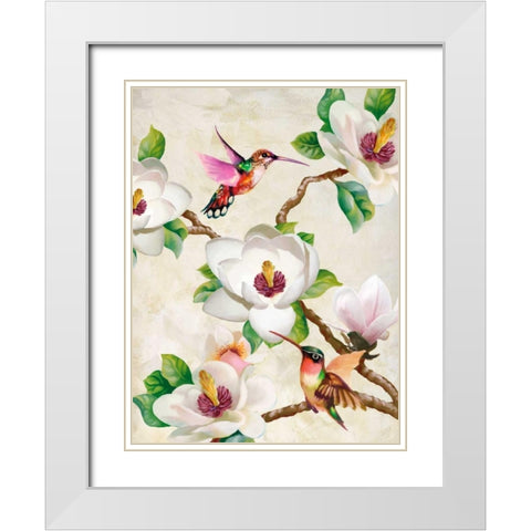Magnolia and Humming Birds White Modern Wood Framed Art Print with Double Matting by Wang, Terry