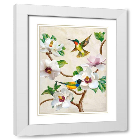 Magnolia and Birds White Modern Wood Framed Art Print with Double Matting by Wang, Terry