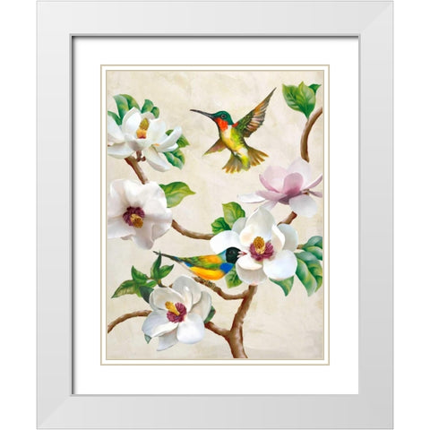 Magnolia and Birds White Modern Wood Framed Art Print with Double Matting by Wang, Terry