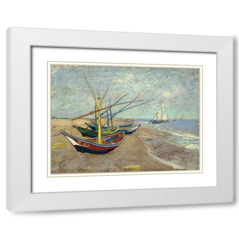 Fishing Boats on the Beach at Les Saintes-Maries-de-la-Mer White Modern Wood Framed Art Print with Double Matting by Van Gogh, Vincent