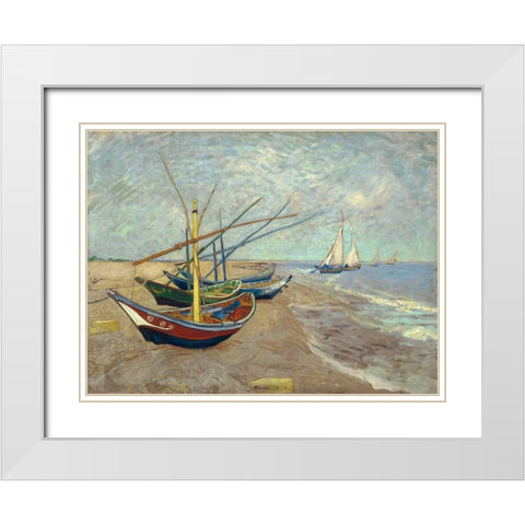 Fishing Boats on the Beach at Les Saintes-Maries-de-la-Mer White Modern Wood Framed Art Print with Double Matting by Van Gogh, Vincent