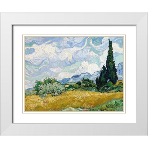 Wheat Field with Cypresses White Modern Wood Framed Art Print with Double Matting by Van Gogh, Vincent