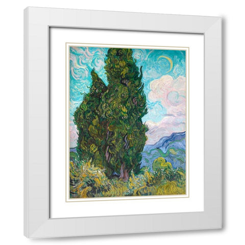 Cypresses White Modern Wood Framed Art Print with Double Matting by Van Gogh, Vincent