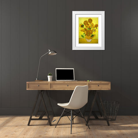 Zonnebloemen White Modern Wood Framed Art Print with Double Matting by Van Gogh, Vincent
