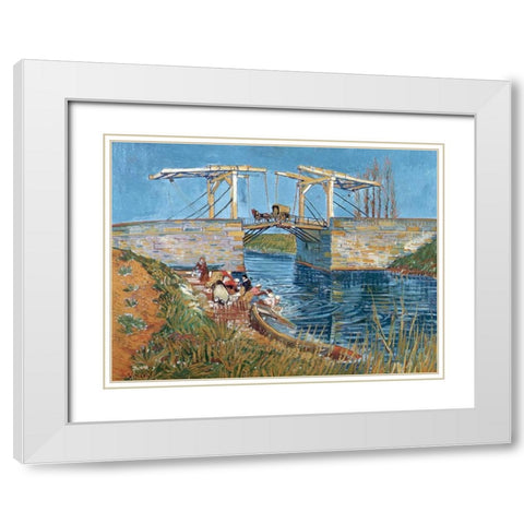 Langlois Bridge with women washing White Modern Wood Framed Art Print with Double Matting by van Gogh, Vincent
