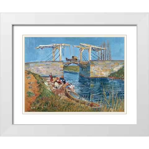 Langlois Bridge with women washing White Modern Wood Framed Art Print with Double Matting by van Gogh, Vincent